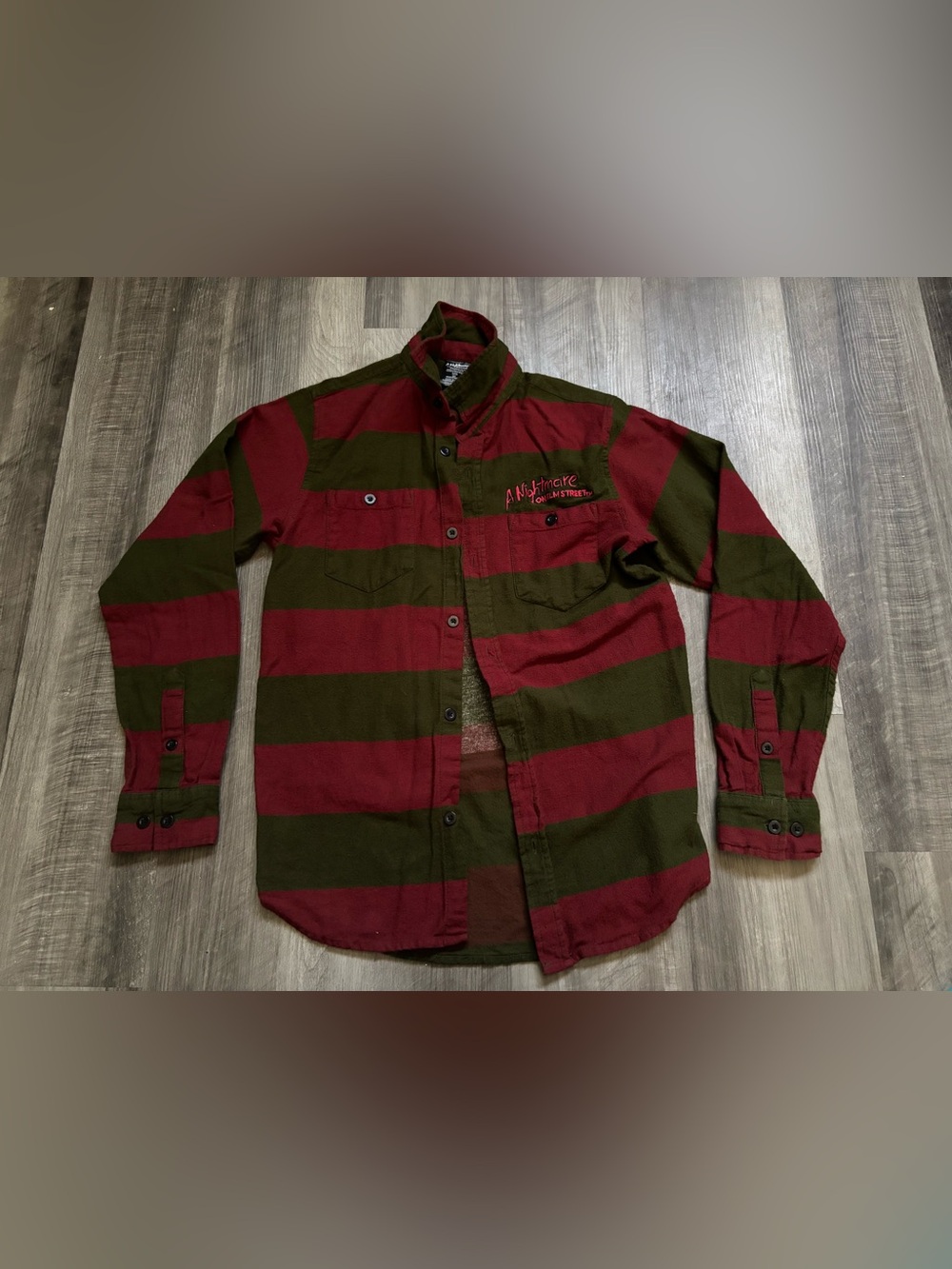 A Nightmare on Elm Street Men's S Red/Green Striped Flannel LS Button-Up